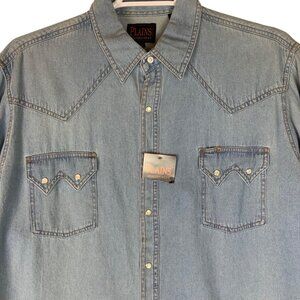 Plains Western Wear Long-Sleeve Denim Shirt XL Sawtooth Pockets Snap Closure